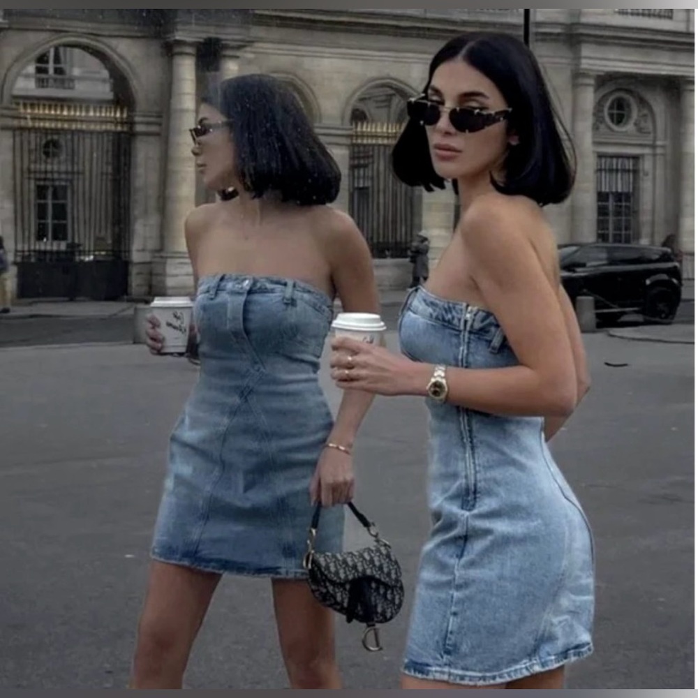 Zara Light Blue Strapless Denim Mini Dress - Picture 2 of 11